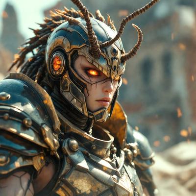 The primary subject of the image is a character wearing a unique and intricate metal helmet. The setting is a rocky environment, with the character standing in front of a stone wall. The visual style appears to be a combination of photo and digital art, creating a striking and detailed image. The colors and mood of the image are dark and dramatic, with the character's helmet and the surrounding environment contributing to the overall atmosphere.